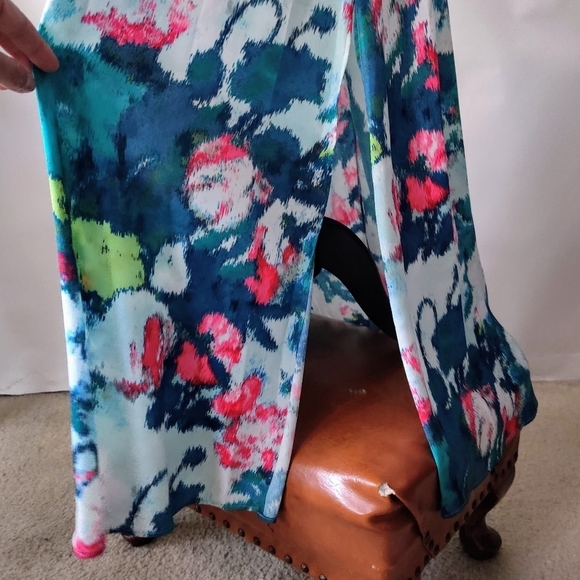 UNGARO Maureen Halter Maxi Dress M  Floral Blue Multi Ruched Waist Sleeveless - Picture 10 of 16